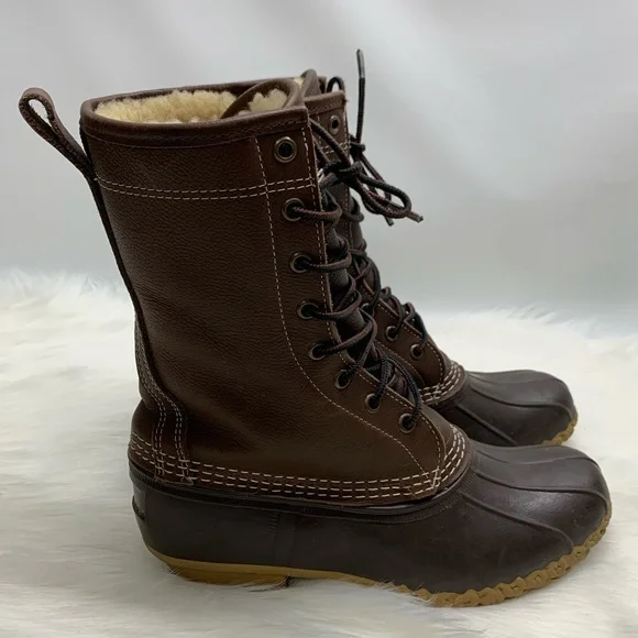 LL Bean Shearling Fur Lined Duck Boots Brown - Picture 2 of 8